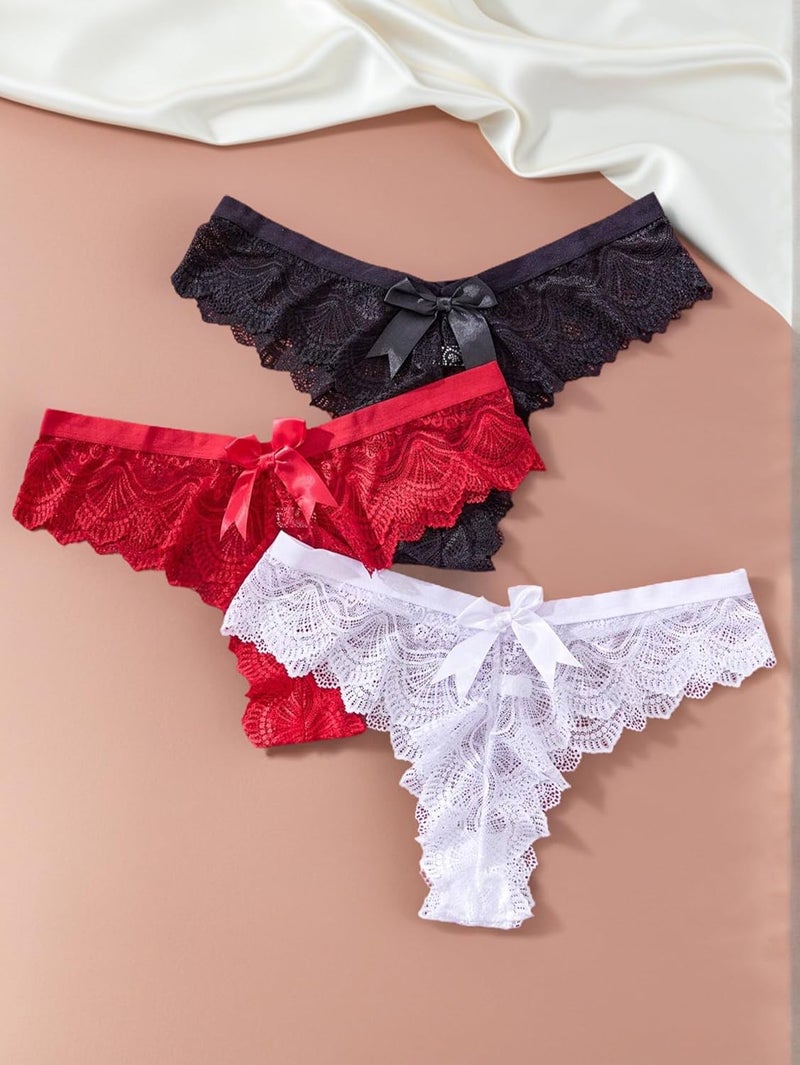 Amazleer 3 PCS Women's Lace Thong Panties with Random Bow Knot Sexy Cheeky Bikini Underwear - Image 4